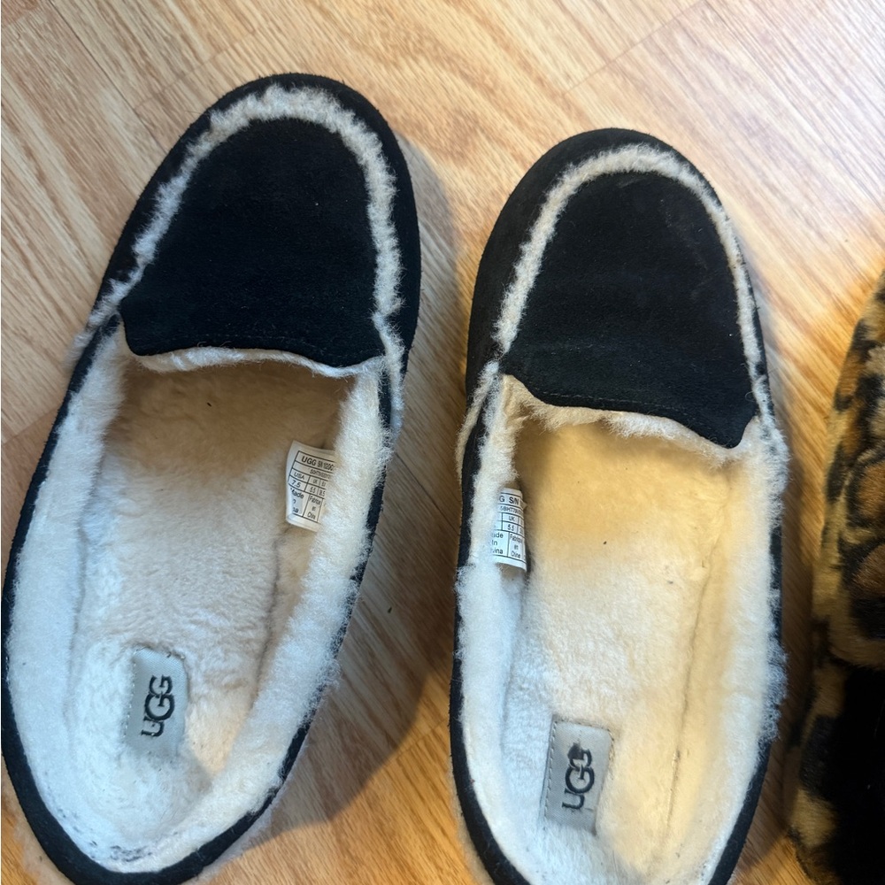 UGG Black and Cream Shearling Slippers